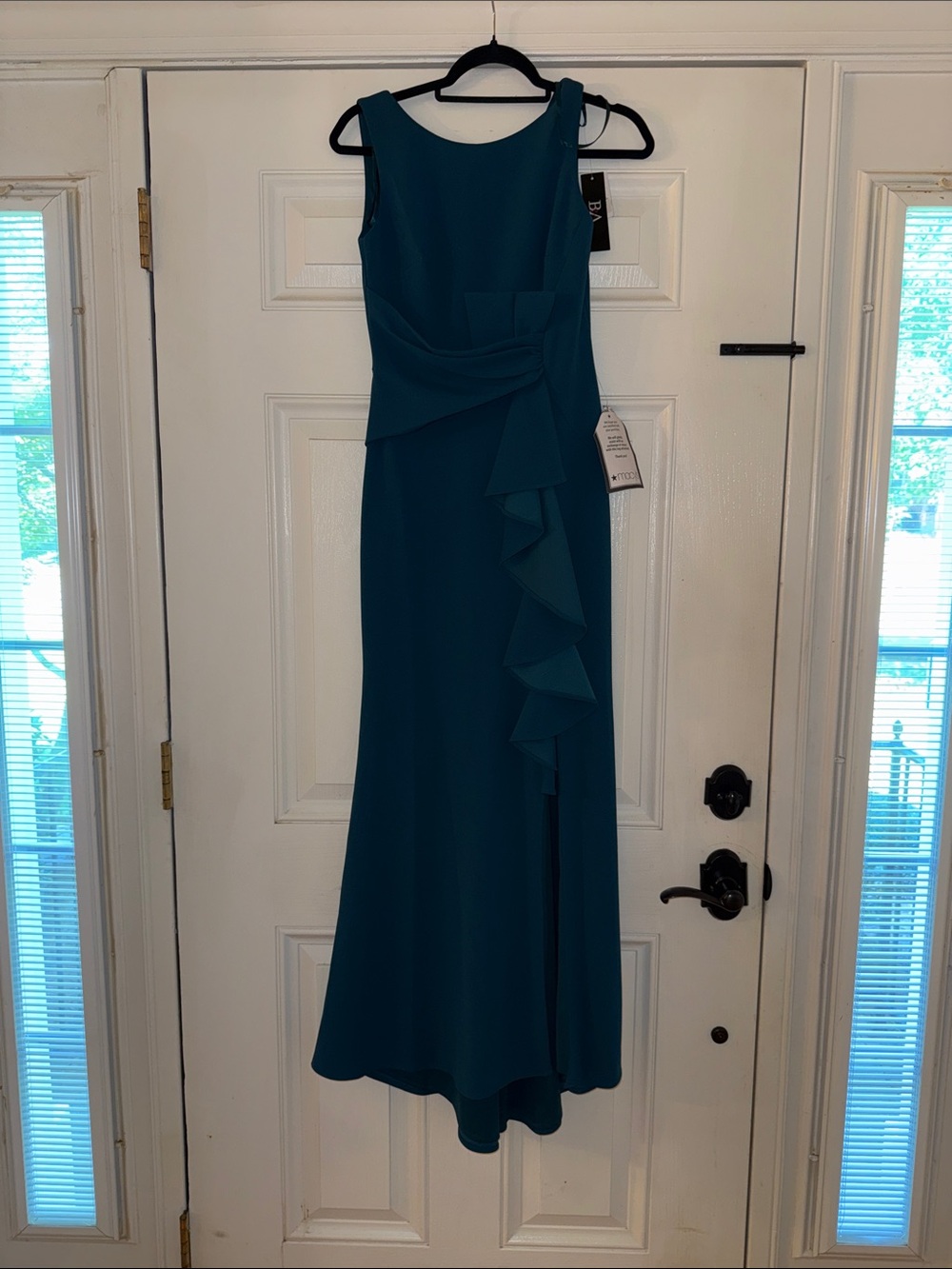Betsy & Adam Teal Ruffle-Front Sleeveless Evening Dress